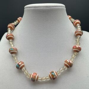 Vintage Orange White Striped Glass Bead Choker Necklace Crystal Spacers 15 in